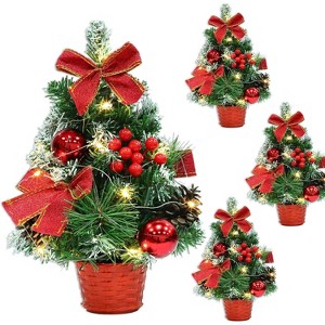 4 Pack 12 Inch Table Top Christmas Tree with Lights Basket Base Snowy Red Bows Berries - 1 of 4