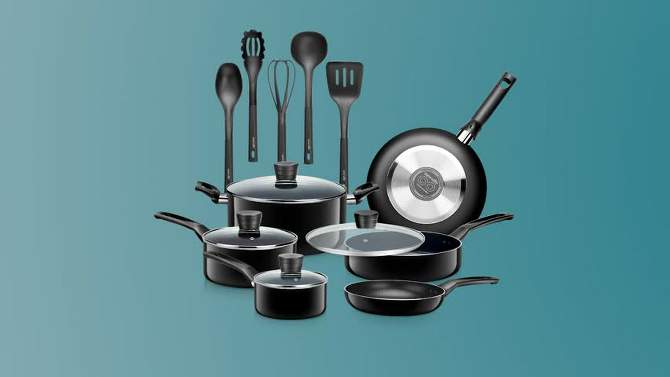 SereneLife 15 Piece Essential Home Heat Resistant Non Stick Kitchenware Cookware Set w/ Fry Pans, Sauce Pots, Dutch Oven Pot, and Kitchen Tools, Gold, 2 of 8, play video