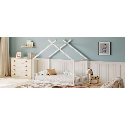 Okak House Floor Bed Twin/Full Size,Solid Wood Bed Frame with Safety Rails & Headboard, Wooden Fence Bed,Slat Not Required