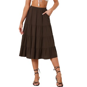 INSPIRE CHIC Women's Midi Solid Elastic Waist Flare Tiered A-Line Skirt with Pockets - 1 of 4