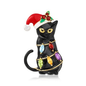 Ross-Simons 3.5-4mm Cultured Pearl, .60 ct. t.w. Multi-Gemstone and Multicolored Enamel Christmas Cat and Lights Pin/Pendant in 18kt Gold Over - 1 of 4