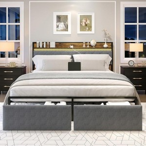 Jojoka Bed Frame with Storage Headboard and Charging Station, Metal Platform Bed Frame - 1 of 4