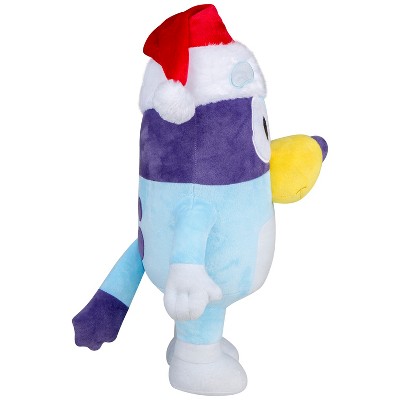 Blue and White Plush Dog Holiday Greeter with Santa Hat