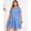 Women's Plus Size Lantern Sleeve Casual Ruffle Hem Loose Swing V Neck Tunic Mini Dress - 2 of 4