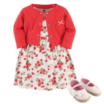 Hudson Baby Infant Girl Cotton Dress, Cardigan and Shoe 3pc Set, Strawberry