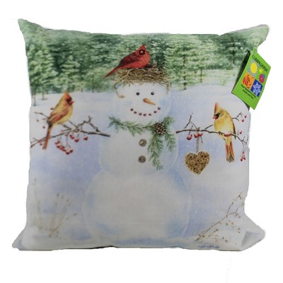 Manual Woodworkers And Weavers 18.0 Inch Happy Snowman With Heart Cardinals Indoor Outdoor Throw Pillows