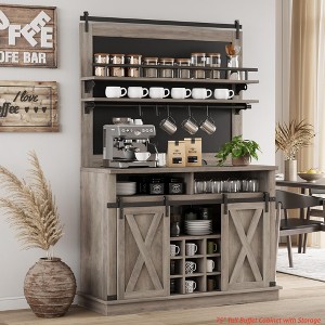 Kitchens Coffee Hutch Cabinet Farmhouse Coffee Bar Cabinet 75" Tall Buffet Cabinet w/ Storage Large Bar Cabinet Buffet Sideboard w/ Sliding Barn Door - 1 of 4