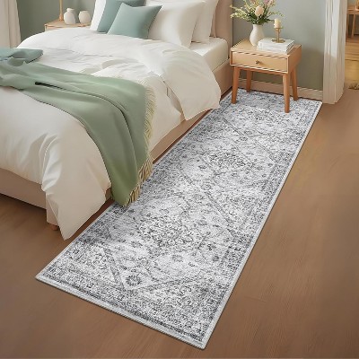 Kitchen Runner Rug 2x6 Floral Bathroom Rug Vintage Soft Non Slip Hallway Runner Washable Retro Accent Low Pile Area Rug Carpet, Light Grey