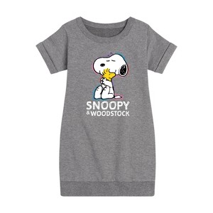 - Peanuts - Snoopy And Woodstock Graphic Short Sleeve Fleece Dress - 1 of 4