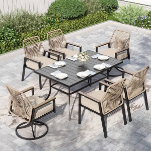 Captiva Designs 7pc Patio Dining Rectangle Steel Table and Mixed Wicker Chairs with Thick Cushions - 1 of 4