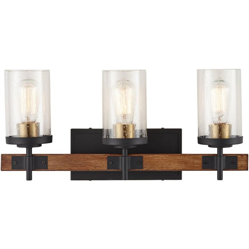 Possini Euro Design Kata Farmhouse Rustic Wall Light Black Faux Wood Hardwire 22" 3-Light Fixture Clear Seeded Cylinder Glass for Bedroom Bathroom, 5 of 10