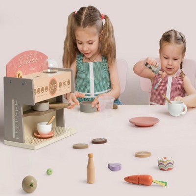 Robotime Dollhouses Wooden Toy Coffee Maker Espresso Machine Playset, Toddler Pretend Play Kitchen Accessories, Pink, 13.39"*5.91"*12.2"
