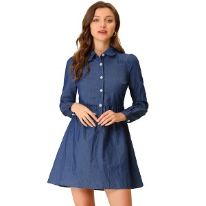 Allegra K Women's Peter Pan Collar Long Sleeve Button Down Chambray Dresses - 1 of 4