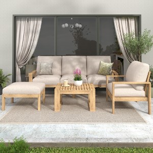 Christopher Knight Home Norman 4 Pieces Outdoor Slat Design Acacia Wood Upholstered Seating Set - 1 of 4