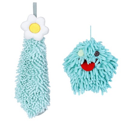 REGALWOVEN 2 Packs Soft Absorbent Flower Pattern Chenille Hand Towel with Loop 6" x 15"/7" x 7"