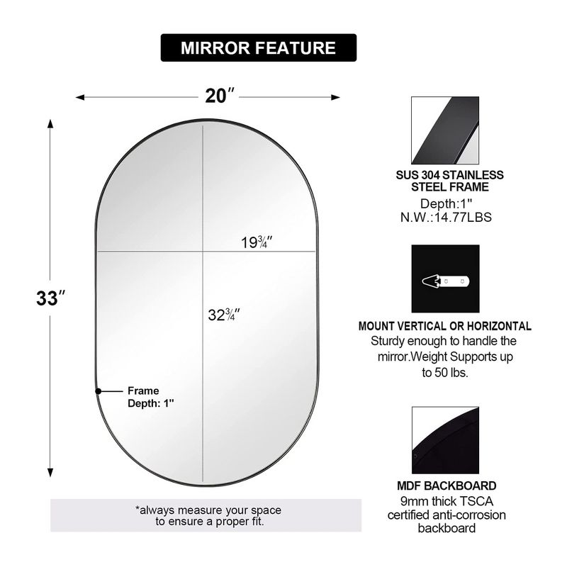 ANDY STAR Modern Decorative 20 x 33 Inch Oval Pill Wall Mounted Hanging Bathroom Vanity Mirror with Stainless Steel Metal Frame, Matte Black, 5 of 7