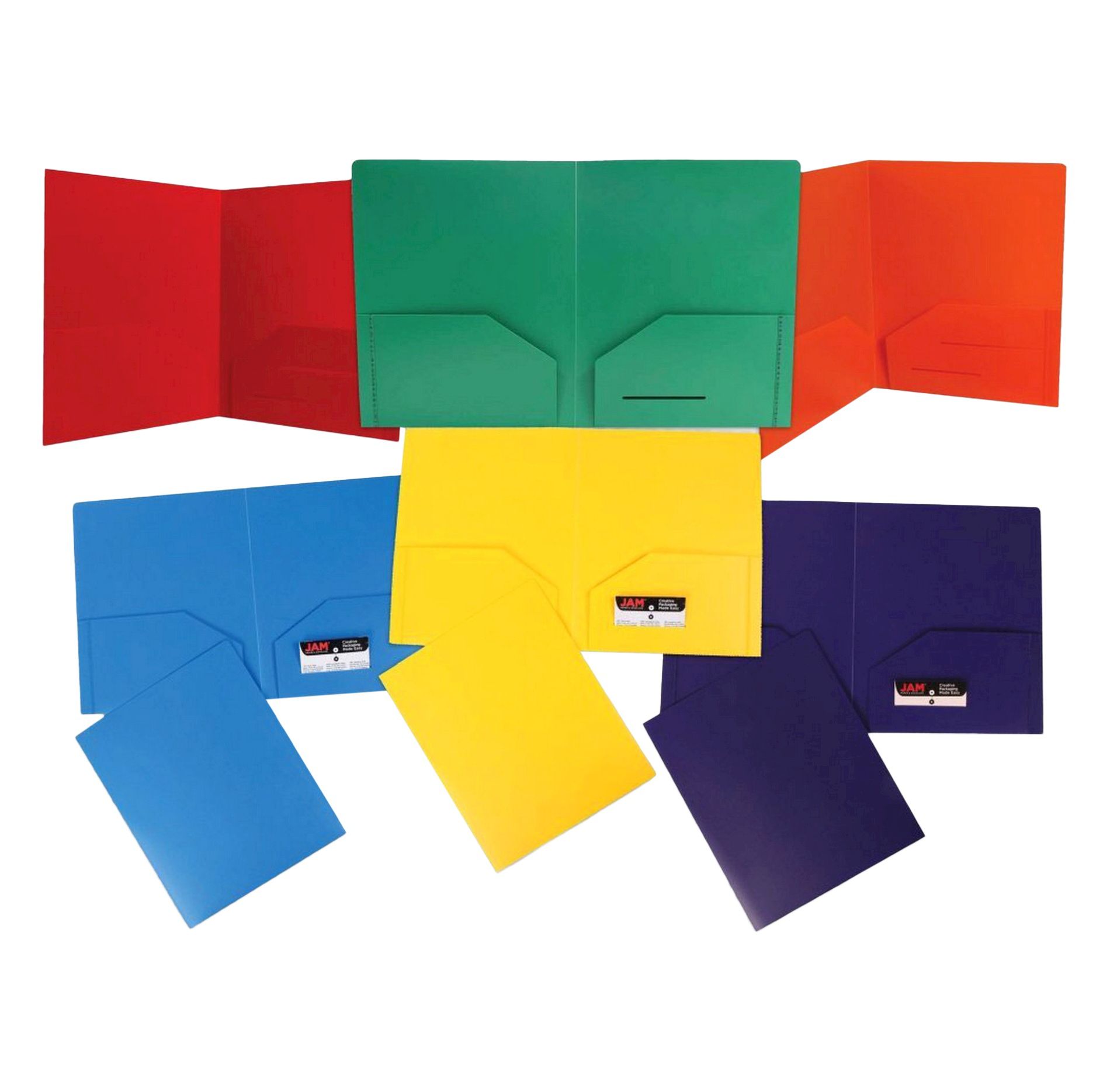 JAM 6pk 2 Pocket Heavy Duty Plastic Folders - Primary Colors: Multicolor Stationery with Internal Pockets, 100 Sheet Capacity