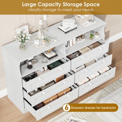 Open view of dresser drawers and storage with multiple small compartments labeled large capacity storage space