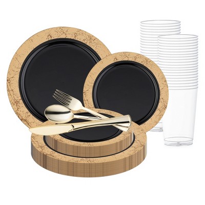 Smarty Had A Party Black with Gold Marble Rim Plastic Wedding Set - 30 Sets