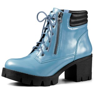 BLISSFUL STEP Women's Round Toe Chunky Heel Lug Sole Lace Up Zipper Combat Boots - 1 of 4