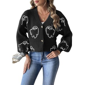 Coolmee Women's Halloween Print Button Down Cardigan V Neck Drop Shoulder Knit Outerwear - 1 of 4