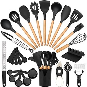 Itopfox 39-Piece Silicone Cooking Utensil Set with Wooden Handle, Heat Resistant Up to 446°F, BPA-Free Kitchen Gadgets for Nonstick Cookware (Black) - 1 of 4