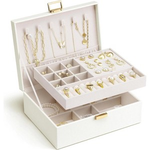 2-Layer Jewelry Box with Removable Tray, Large Cream White Organizer for Necklaces, Earrings, Rings, Gift for Women - 1 of 4