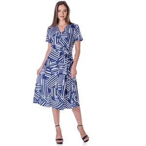 24seven Comfort Apparel Womens Navy and White Short Sleeve Tie Waist Midi Dress - 1 of 4