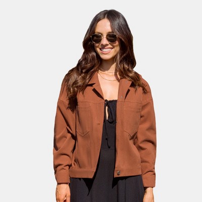 Women's Brown Collared Long Sleeve Front Button Jacket - Cupshe