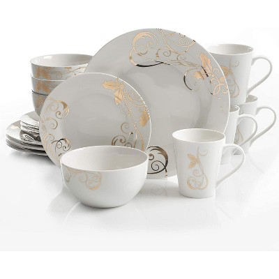 Gibson 99812.16R Elegant White Porcelain 16 Piece Dinnerware Set Plates, Bowls, and Mugs, Seasonal White and Gold