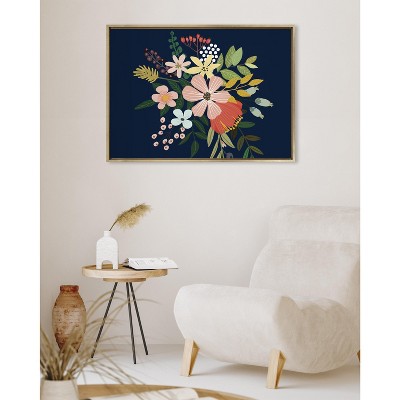 Gold Framed Floral Canvas Art with Dark Blue Background, 28x38
