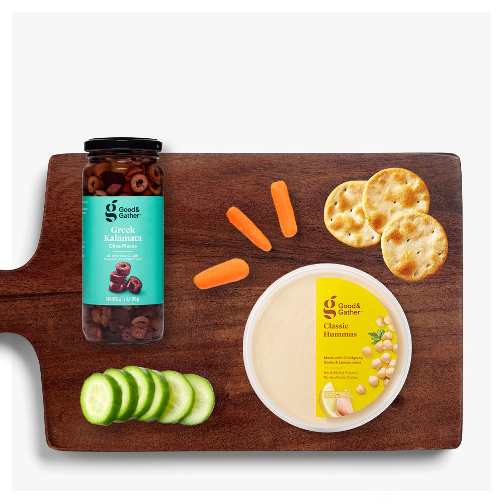 Classic Hummus - 10oz - Good & Gather™, Red Pepper Hummus - 10oz - Good & Gather™, Greek Kalamata Olive PC - 7oz - Good & Gather™, Wheat Entertaining Cracker - 8oz - Good & Gather™, Baby-Cut Carrots - 1lb - Good & Gather™, Mini Cucumbers - 16oz Bag - Good & Gather™ (Packaging May Vary), 10" x 5" Wooden Single Serve Mini Cheese Board - Threshold™