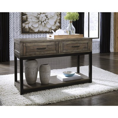 Johurst Black and Brown Wood Metal Rectangular Sofa Table with Storage