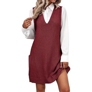 Zeagoo Womens Sweater Vest Dress Pattern Knitted Pullovers Sweaters V Neck Tank Sweater Dress with Pockets - 1 of 4