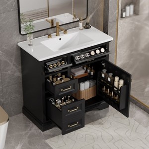 36-Inch Bathroom Vanity with Ceramic Sink Top 4 Drawers and 1 Soft-Close Door Freestanding Storage Cabinet - 1 of 4