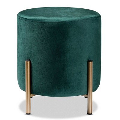 Thurman Luxe Green Velvet and Gold Metal Round Ottoman