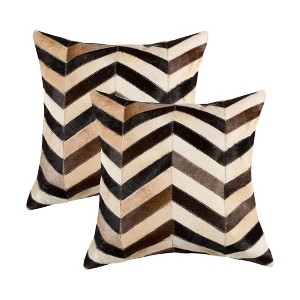 HomeRoots Set of Two 18" Black Brown and Beige Chevron Cowhide Throw Pillows - 1 of 4