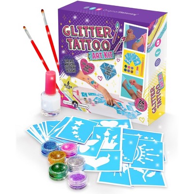 Original Stationery 33-Piece Glitter Tattoo Set for Kids, 24 Stencils, 6 Colorful Glitters, 2 Brushes, 1 Body Adhesive, Fun Holiday Gifts