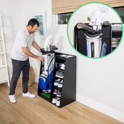 Black Wooden Freestanding Golf Bag Organizer with Multiple Compartments