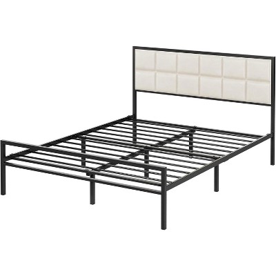 Queen Size Metal Bed Frame with Upholstered Square Stitched Headboard, Faux Leather Platform Bed Frame, Steel Slats Support, Beige