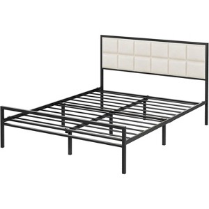 Queen Size Metal Bed Frame with Upholstered Square Stitched Headboard, Faux Leather Platform Bed Frame, Steel Slats Support, Beige - 1 of 4