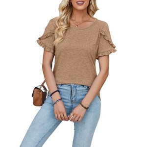 Women's Summer Short Sleeve T-Shirt Casual Round Neck Top With Ruffle Trim - 1 of 4