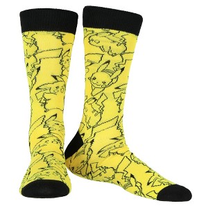Pokemon Crew Socks Men's Pikachu Battle Stance Outline 1 Pair Socks Shoe Size 8-12 Yellow - 1 of 4