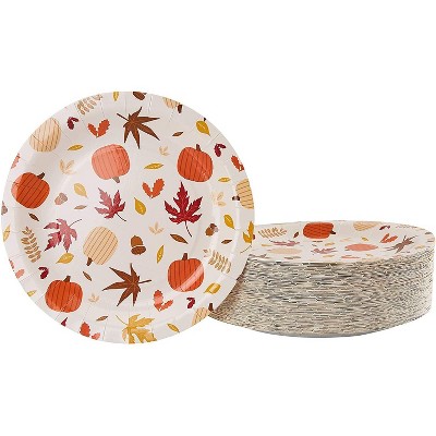 Juvale 80 Pack Fall Leaves & Pumpkin Disposable Paper Plates, Thanksgiving Party Supplies, 9 In