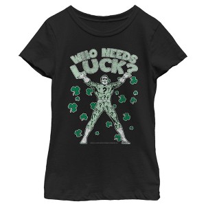 Girl's Batman St. Patrick's Day Riddler Who Needs Luck Distressed T-Shirt - 1 of 4