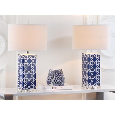 Navy and White Ceramic Table Lamp Set with Cotton Shade