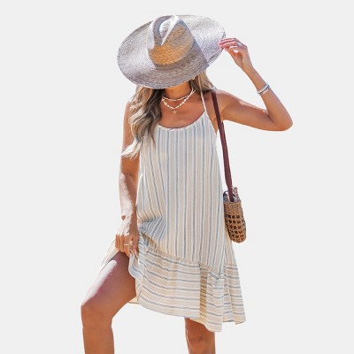 Women's Striped Spaghetti Strap Cover Up Dress with Criss-Cross Back - Cupshe