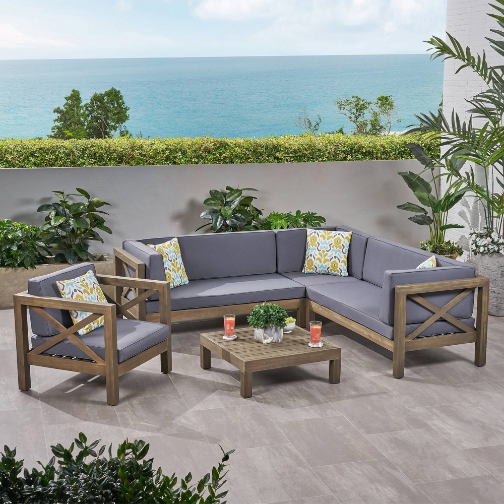 Brava 5pc Acacia Wood Sectional Sofa & Club Chair Set Gray/Dark Gray - Christopher Knight Home