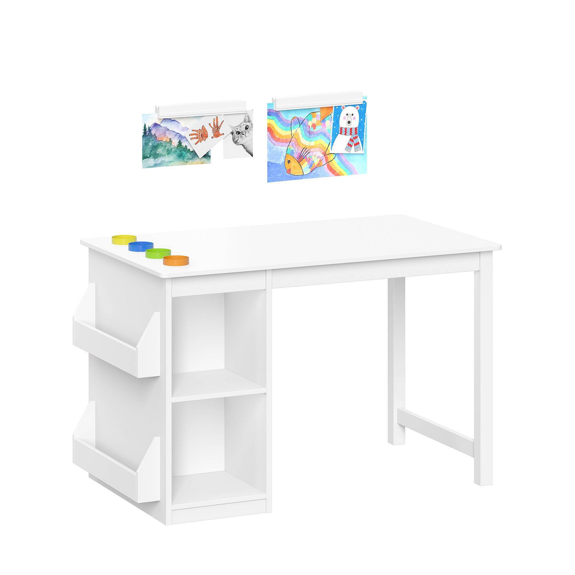 RiverRidge Kids' Playroom Art Activity Table with 2 Cubbies and 2 Bookracks with 2 Magnetic Art Display Bars White: MDF Toy Table for Creativity