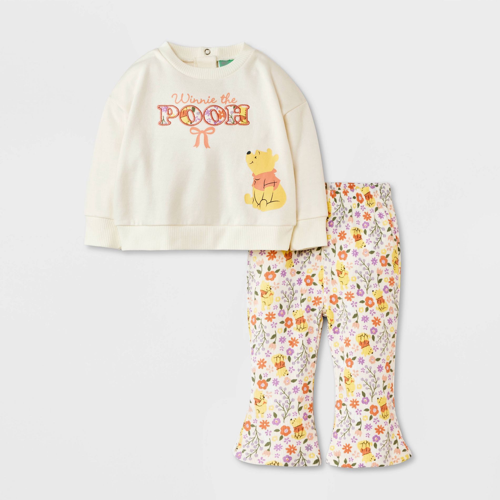 Baby Girls' 2pc Disney Winnie The Pooh Floral Bow Pullover & Bottom Set - Cream 6-9M